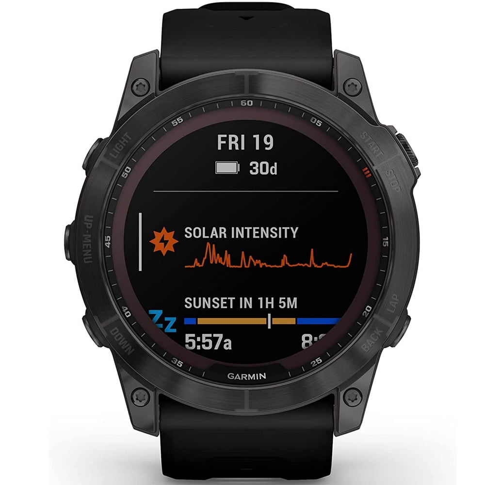 Garmin 010-02541-10 Fenix 7X Sapphire Solar Smartwatch - Carbon Gray DLC Titanium with Black Band Bundle with Deco Gear Magnetic Wireless Sport Earbuds and Deco Gear Microfiber Cleaning Cloth