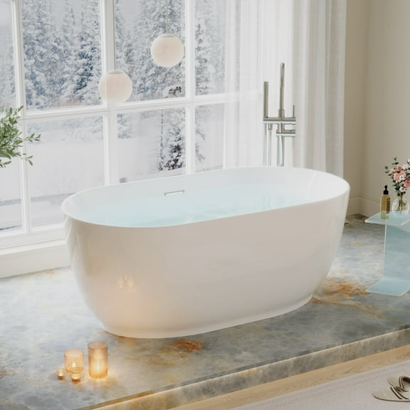 ANGELES HOME 59" x 31-1/2" Acrylic Freestanding Bathtub Contemporary Soaking White Tub with Chrome Overflow and Drain