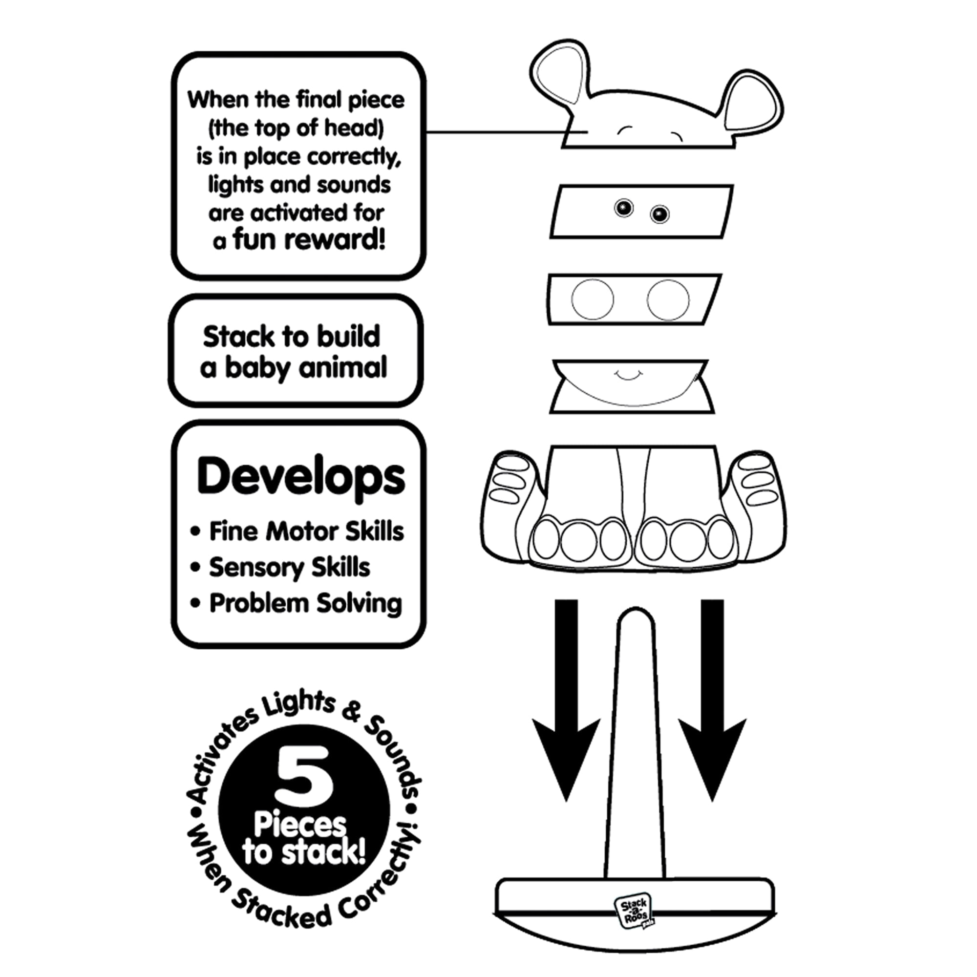 Stack-a-Roos Pals: Baby Zebra - Lights & Sounds, Kids Ages 12+ Months, 5 Piece Stacking Animal Tower, Counting & Stacking, Toy