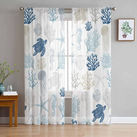 ERUNPONLY Navy Blue Coastal Sheer Curtains 63 Inch Length 2 Panels Set Nautical Summer Beach Coral Sea Turtle Voile Window Treatment Curtains Sheers Drapes for Bedroom/Living Room/Kitchen 52x 63 x2