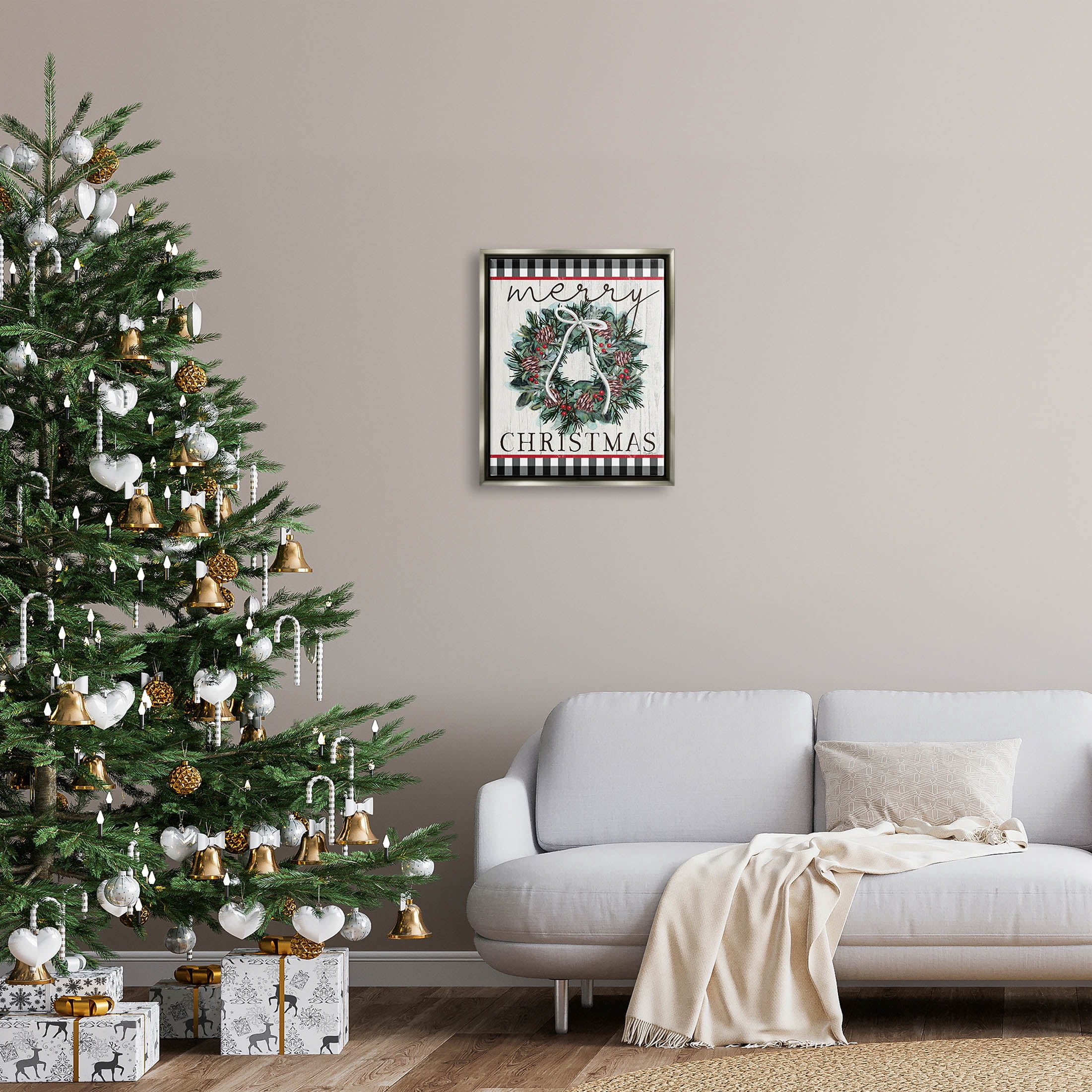 Stupell Industries Merry Christmas Tartan Wreath Graphic Art Luster Gray Floating Framed Canvas Print Wall Art, Design by Elizabeth Tyndall