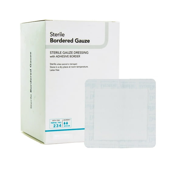 DermaRite Bordered Gauze Dressing, 2 Inches X 2 Inches, White, Sterile, 50 Count