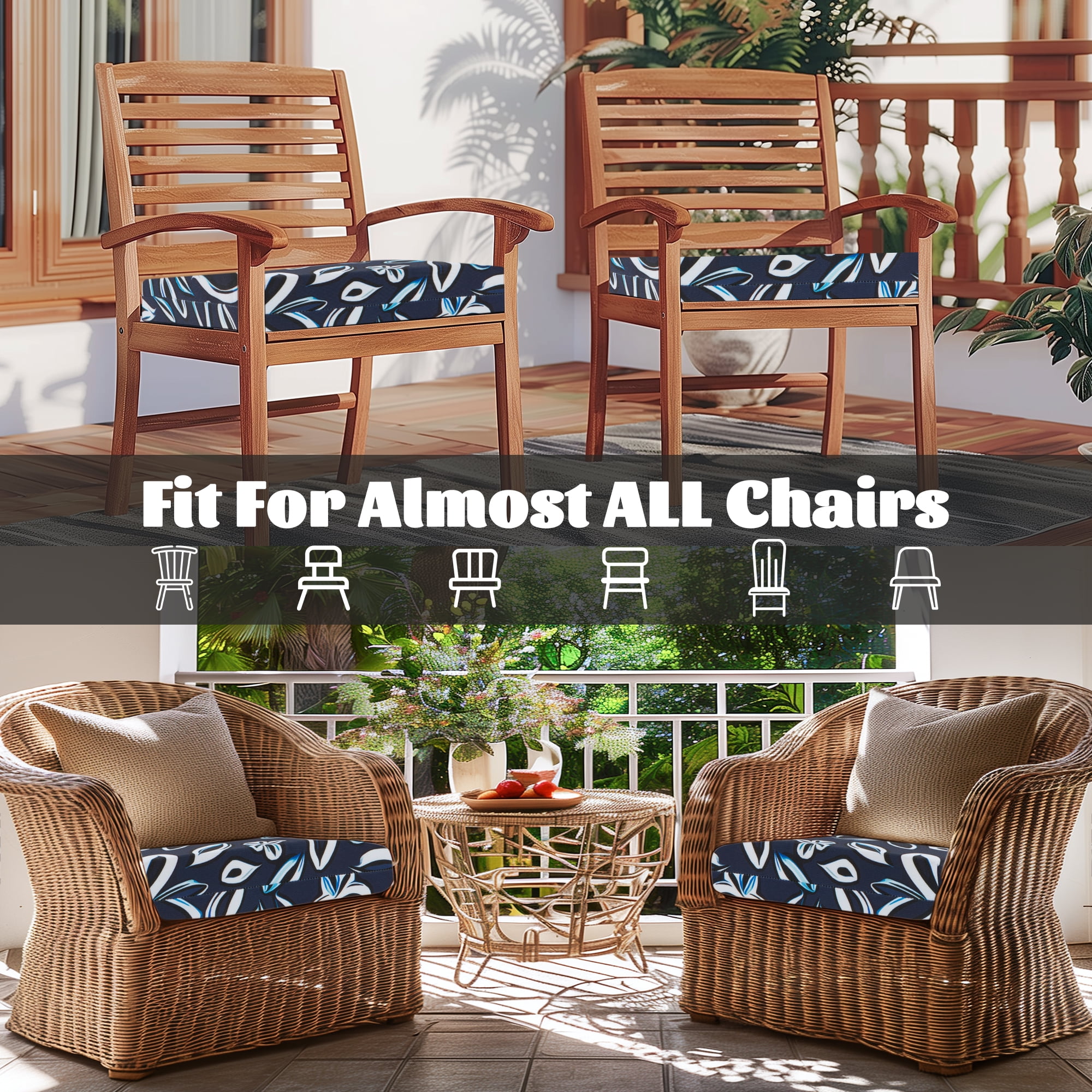 UNIKOME 4-Pack Outdoor Patio Seat Cushions, Water-Resistant High-Density Foam, 18.5 x 16 x 3 inch, Blue Floral