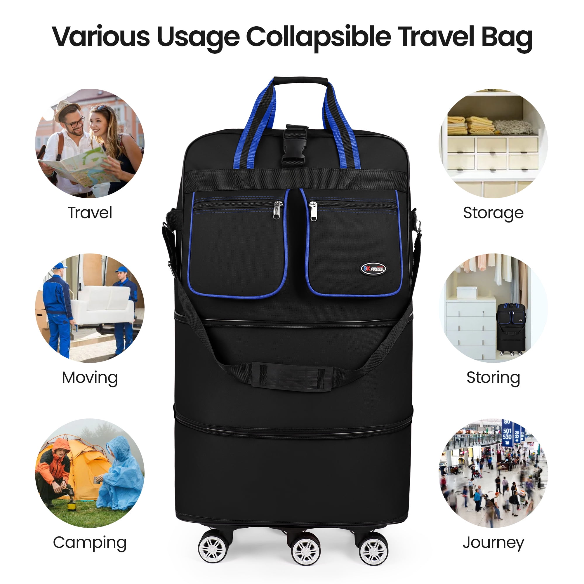 40" Expandable Foldable Luggage Bag,Collapsible Suitcases with Wheels,Lightweight Rolling Duffle Bag for Travel, Moving, Home Storage, Blue/Trim, MEX