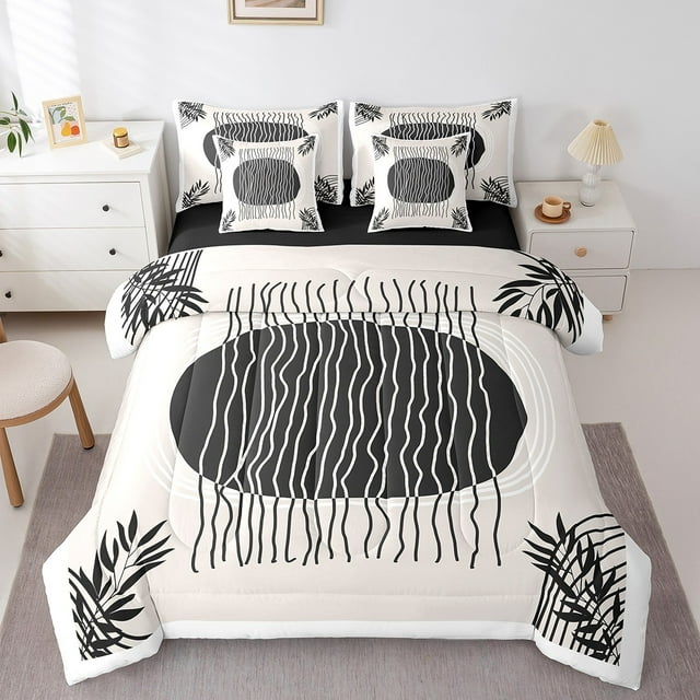 YST Vintage Minimalism 7pcs Mid Century Bedding Set, Geometric Wave Line, Twin Size Comforter Set, Black White Aesthetic Bedding
