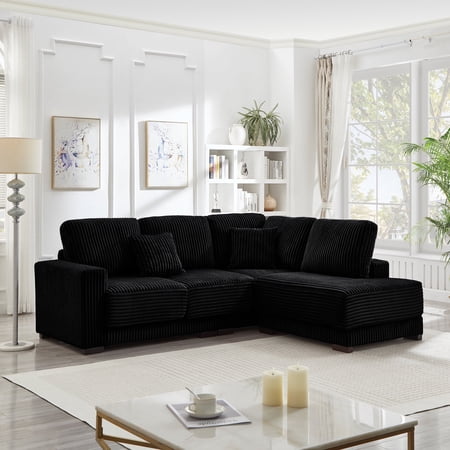FFZ 93 inch L-Shaped Sectional Sofa with Reversible Chaise and Corduroy Upholstery, 93 x 73.5 x 35 inch, Black