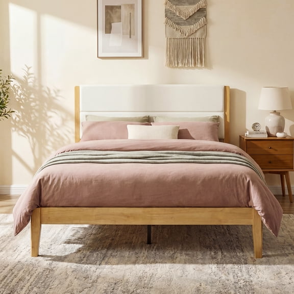 Wood Platform Bed Full Size with Upholstered Headboard, Mid Century Bed Frame with Wood Slats and Center Support, Low Profile and Heavy Duty, No Box Spring Needed, Natural
