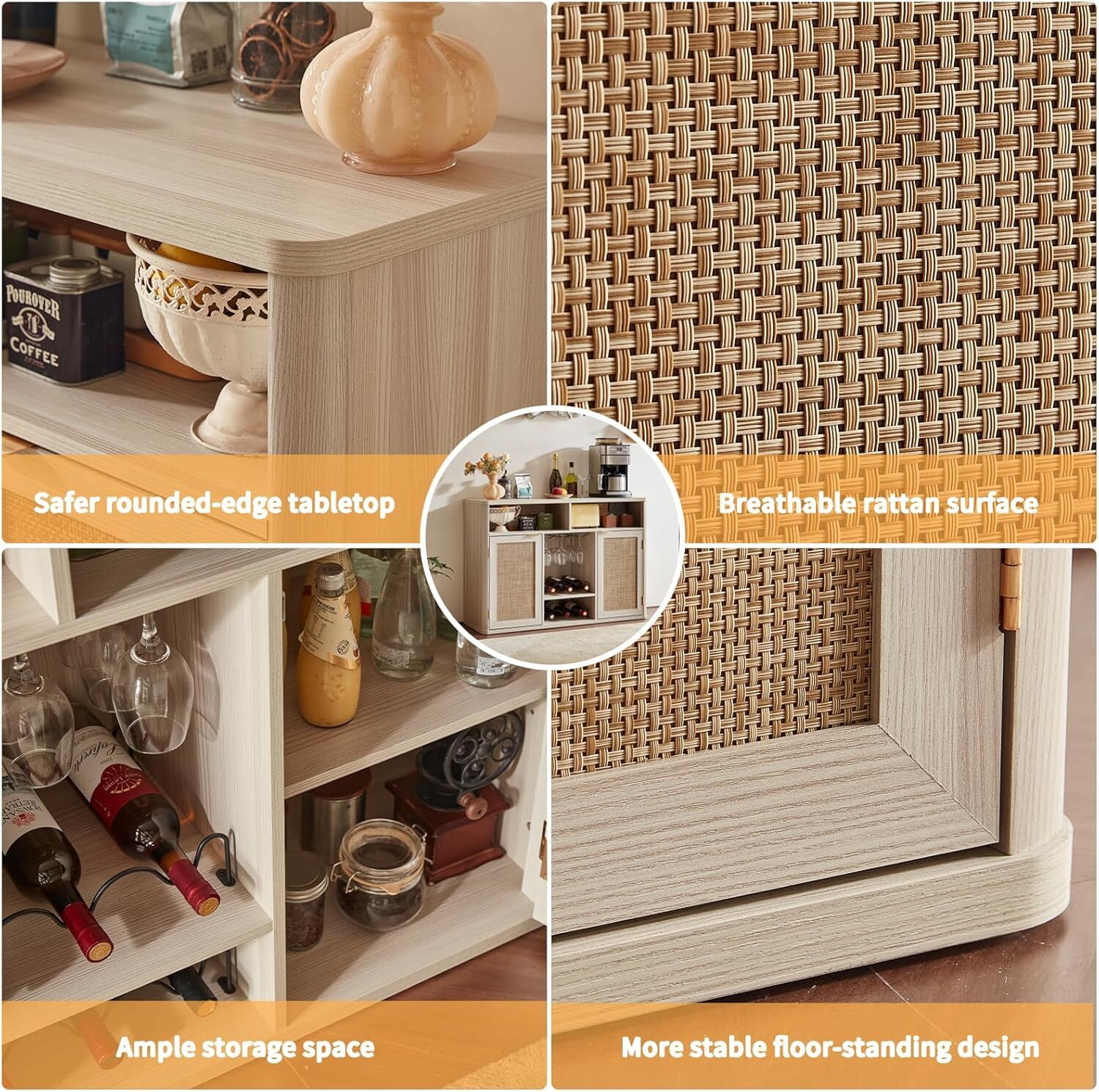 Joaxswe 47.2" Sideboards Buffets Cabinets with Doors, Boho Rattan Kitchen Storage Cabinets with Adjustable Shelves, Coffee Bar Station in Grey White