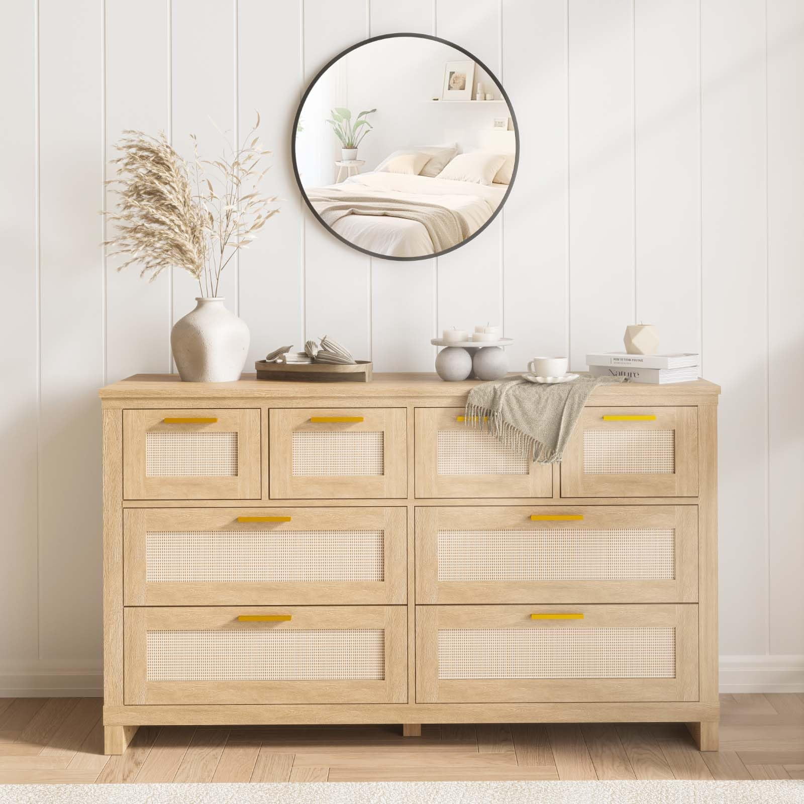 EDTara 8-Drawers Rattan Dresser, Wooden Dresser Chest of Drawers