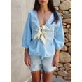 thumbnail image 4 of SUNSIOM Chemises à Manches Longues pour Femmes Nœud devant Patchwork Col en V Blouses Mode Décontractée, 4 of 7