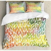 Leaves Queen Size Duvet Cover Set, Funky Floral Pattern in the Colors of All Seasons Refreshing Environment Ecology, Decorative 3 Piece Bedding Set with 2 Pillow Shams, Multicolor, by Ambesonne