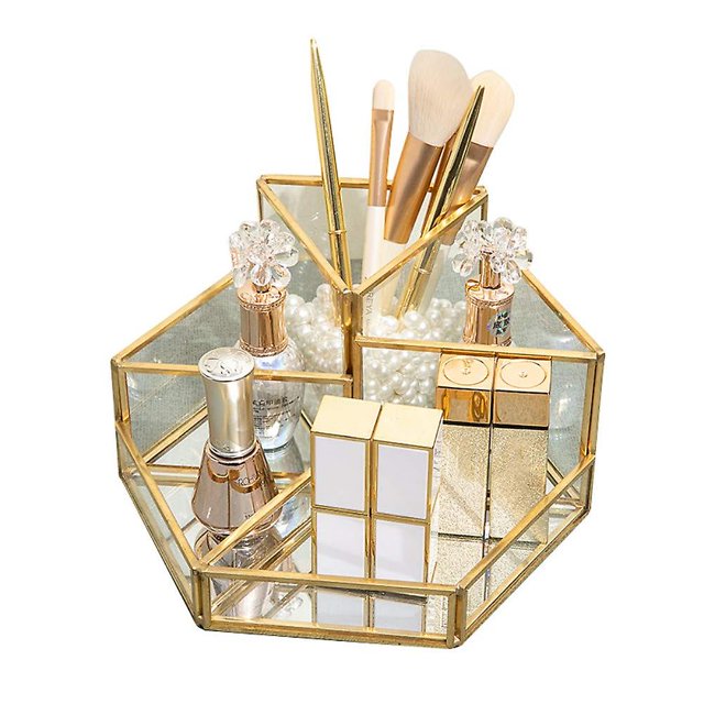 Organizador de maquillaje, organizador de belleza, bandeja para brochas de joyería, oro, caja cosmética de vidrio, bandeja decorativa transparente Feliz Sencillez