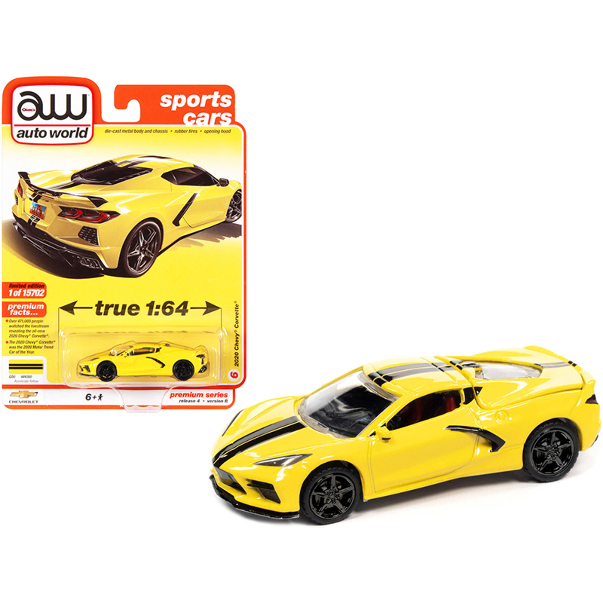 2020 Chevrolet Corvette C8 Stingray Accelerate Yellow with Twin Black Stripes "Sports Cars" Limited Edition to 15702 pieces Worldwide 1/64 Diecast Model Car by Auto World