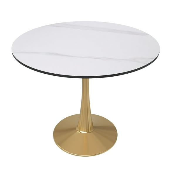 LeisureMod Round Dining Table Modern 31" Sintered Stone Tabletop with Gold Steel Pedestal Base for Kitchen and Living Room Bristol Series in Natural Wood