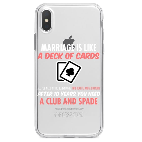 DistinctInk Clear Shockproof Hybrid Case for iPhone XR (6.1" Screen) - TPU Bumper Acrylic Back Tempered Glass Screen Protector - Marriage is Like a Deck of Cards