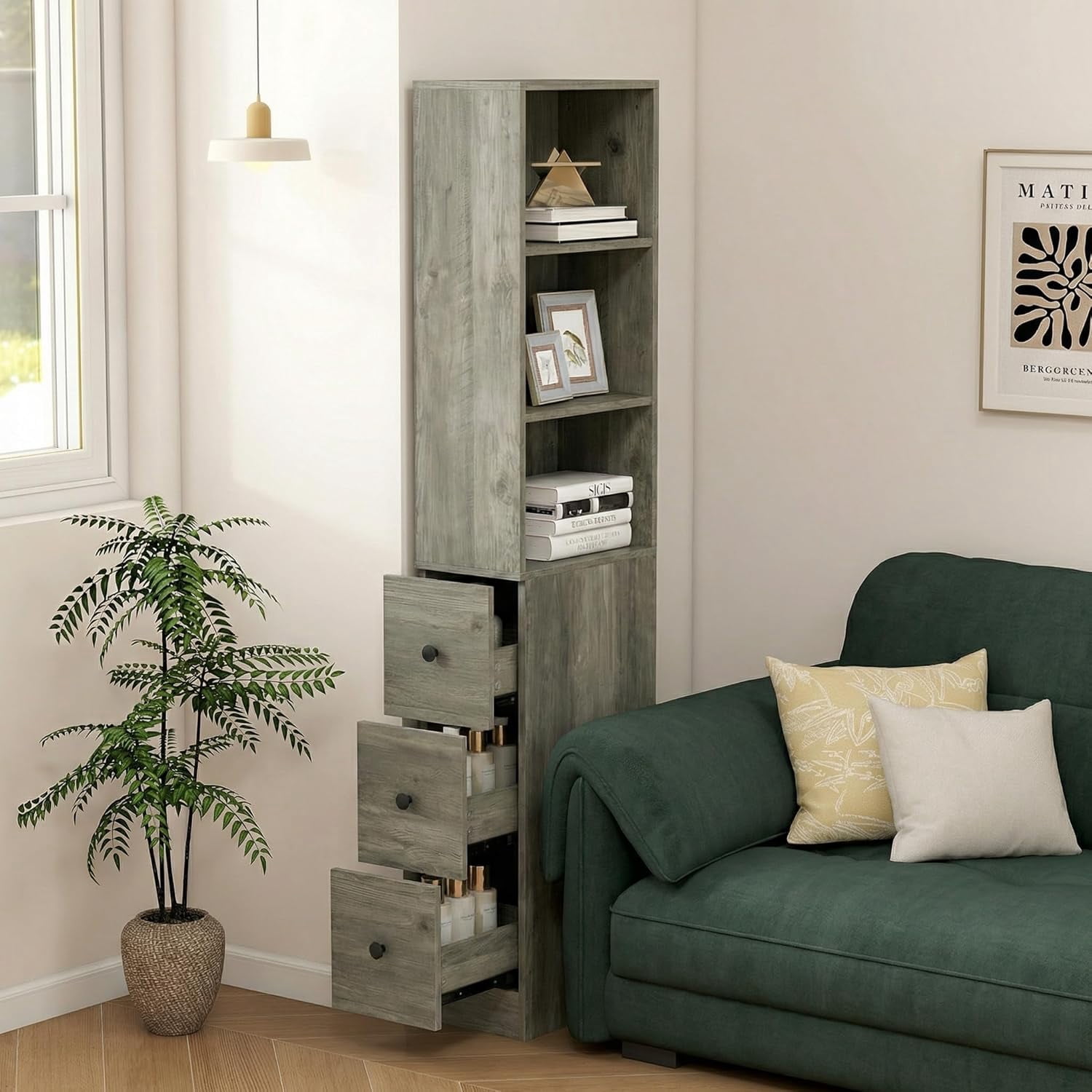 Storage Cabinet Tall Narrow Bathroom Organizer with 3-Level Adjustable Shelves Slim Free Standing Space Saver for Living Room Kitchen, Gray