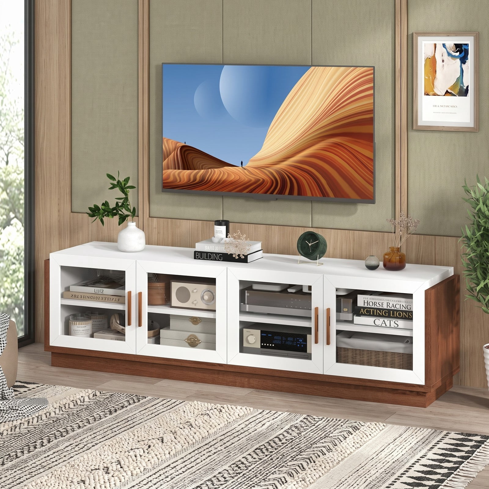 Furnibear Large TV Stand for TVs up to 75 Inch, Modern Entertainment Center with 4 Tempered Glass Doors, 2 Cabinets and Adjustable Shelves, Cable Management, White