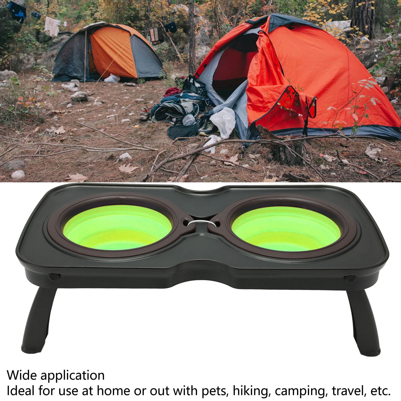 Rupoun Foldable Elevated Dog Bowls Portable Double Raised Feeding Station with Stand for Outdoor Camping Travel, Small Green (14.6 in / 37 cm)
