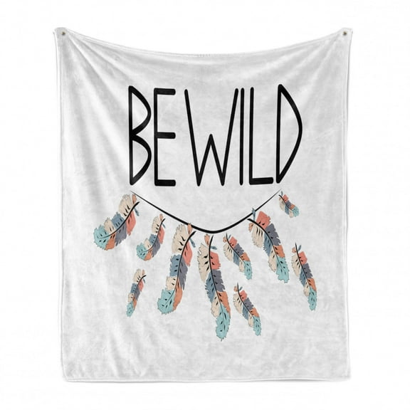 Feather Soft Flannel Fleece Throw Blanket, Be Wild Calligraphy with Bohemian Plume Colorful Motivating Theme, Cozy Plush for Indoor and Outdoor Use, 70" x 90", Charcoal Grey Multicolor, by Ambesonne