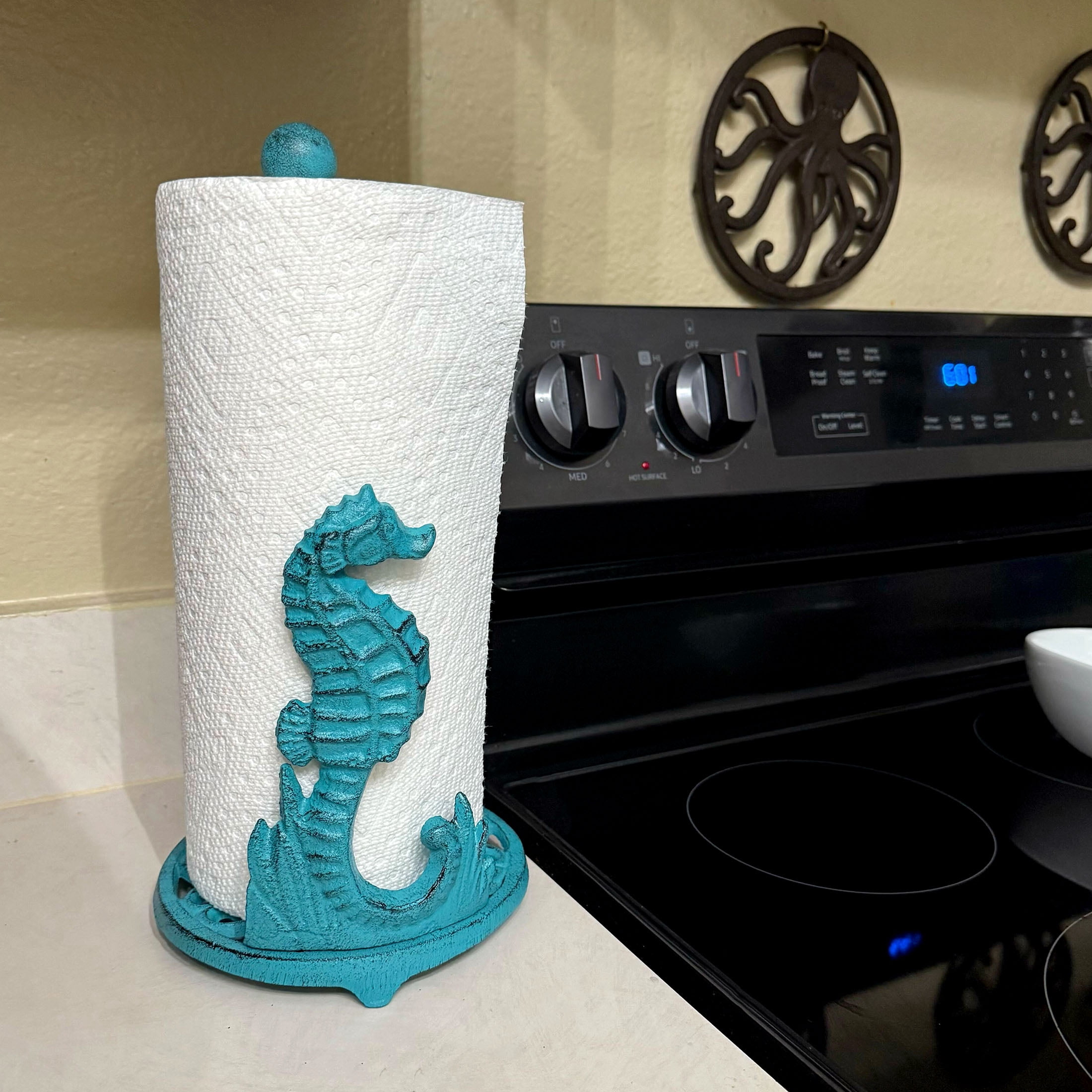 Things2Die4 Seahorse Cast Iron Paper Towel Holder - Elegant 13” Tall Nautical Style Decor - Turquoise - Size 13 inches