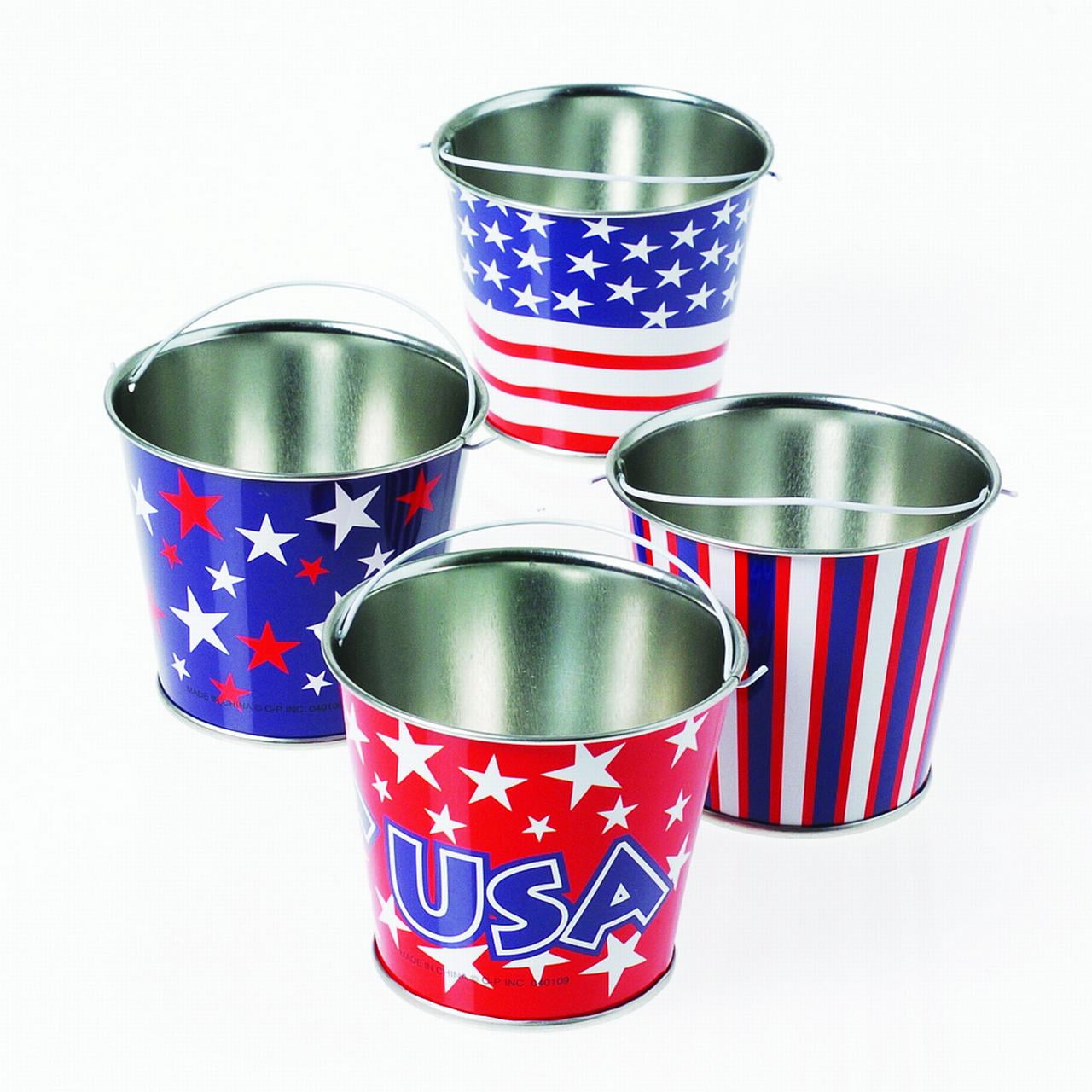 Assorted Mini Patriotic Pail 2.75" T Gift Buckets, Red White Blue, 12