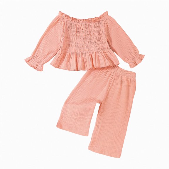 Toddler Linen Outfit Girl Boy Kids Wide Leg Pants Set Off Shoulder Blouse Ruffle Long Sleeve Shirt Solid Color Outfits 1T 2T 3T 4T 5T 6T 7T Gift Set 9-12 Months