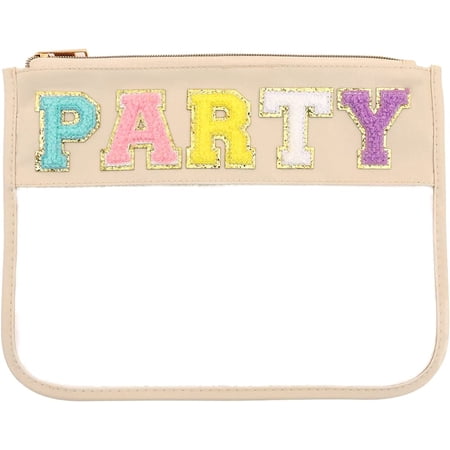 Chenille Letter Bag Clear Flat Pouch,Multi-purpose PVC&Nylon Clear Cosmetic Bags,Travel Makeup Bag With Zipper For Women and Children,Clear Pouches for Travel,Gym,Beach (Green-Stuff)