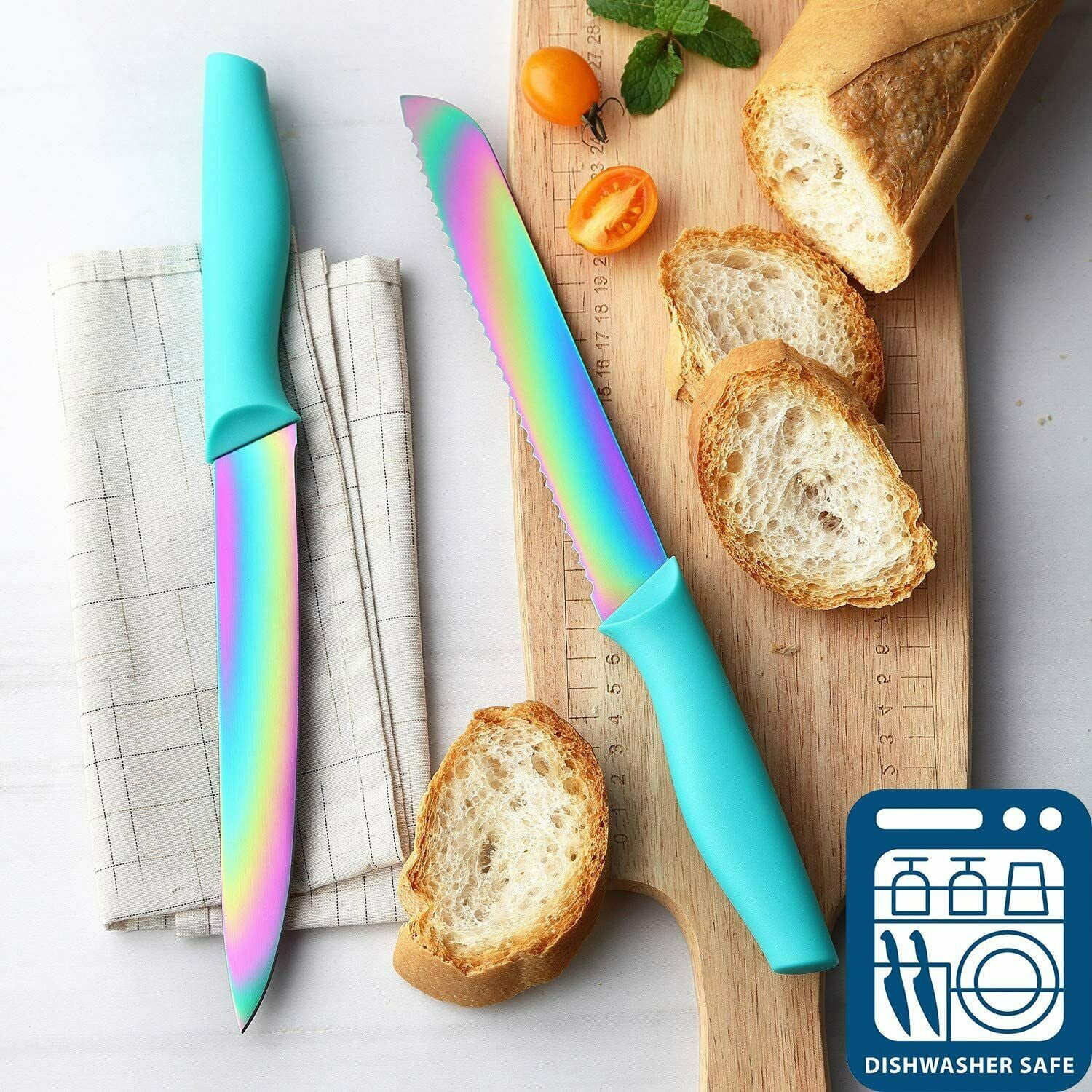 Kitchen Knife Set DISHWASHER SAFE Marco Almond  KYA27 14PC Rainbow Kitchen Knife Block Set,Titanium Cutlery Knife Set,Teal