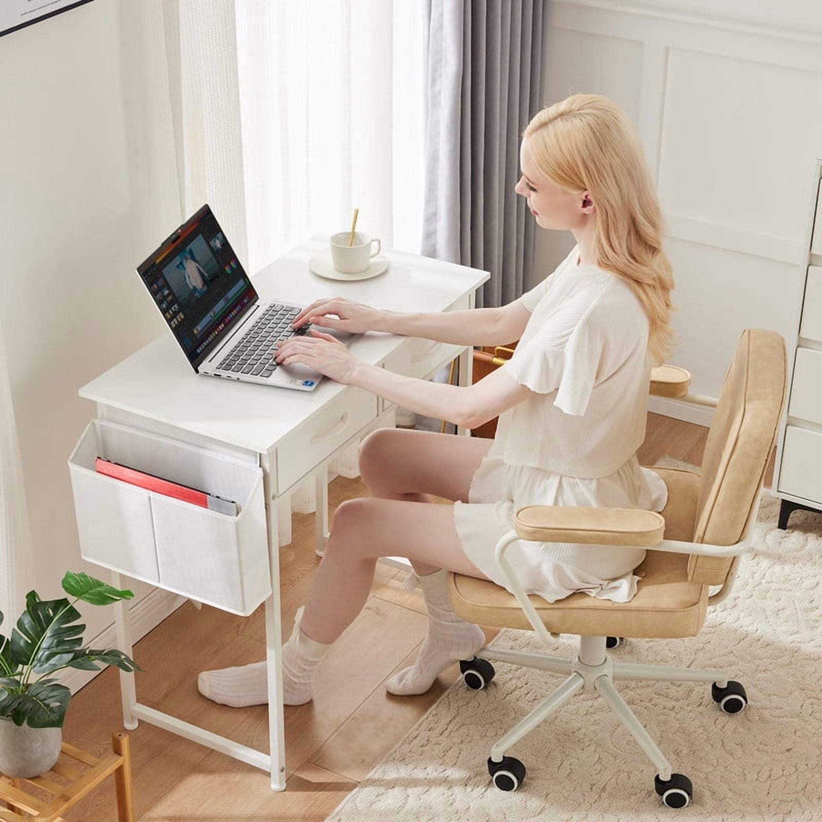 Gianna 32 Inch Desk with 2 Drawers Home Office Computer PC Table with Fabric Storage Bag, Study Writing Wood Deskboard for Small Spaces,White
