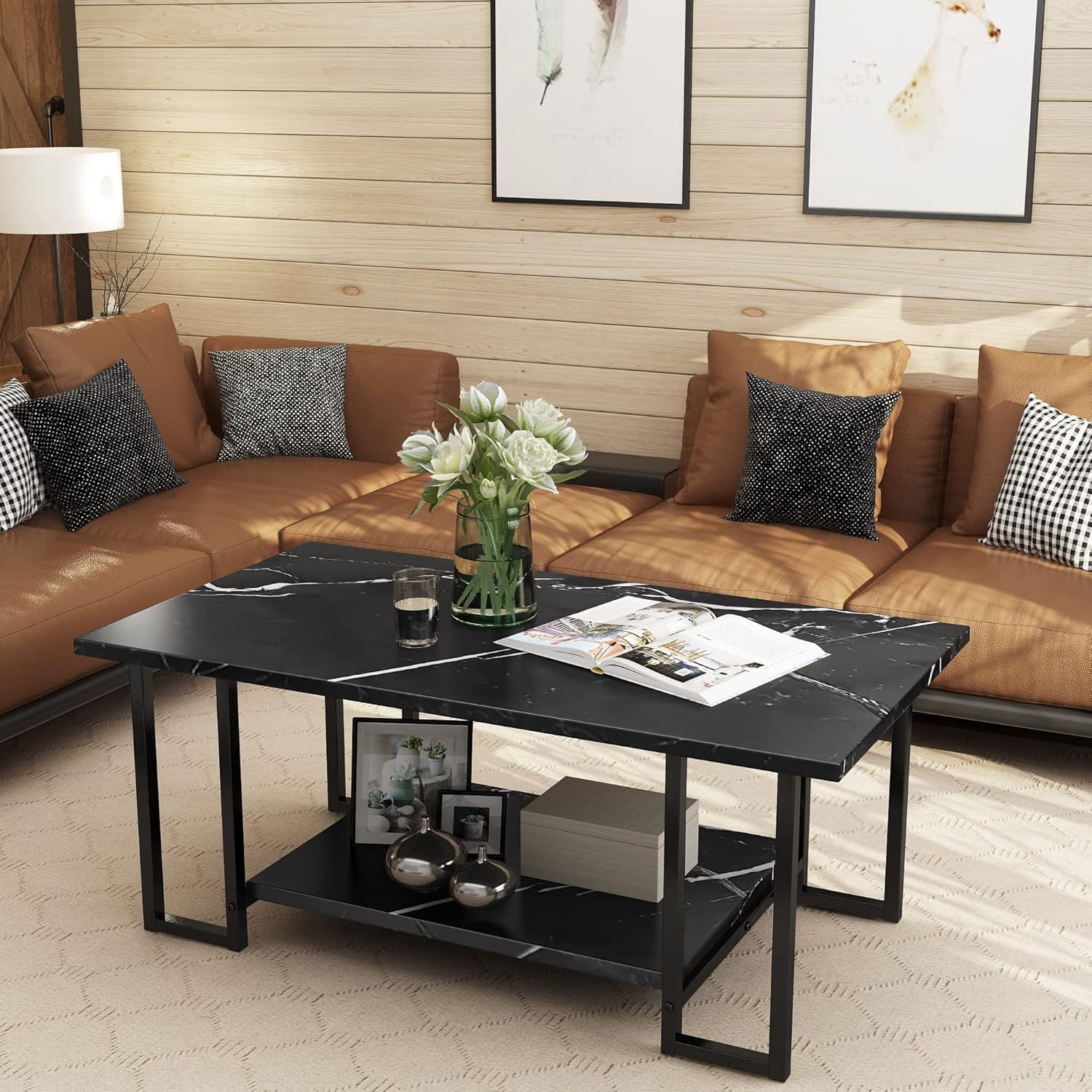 LinkRomat Modern Coffee Table, 40" Faux Marble Top Rectangular Coffee Table with Black Metal Frame, 2 Tier Living Room Table for Living Room, Office, Balcony, Black