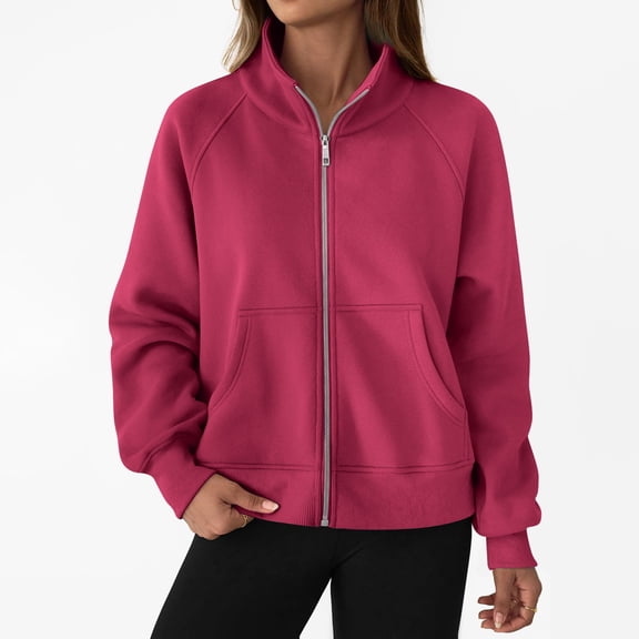Neewe Women's Plain Casual Long Sleeve Lapel Zipper Sweatshirt Loose Jackets Tops With Pocket Daily
