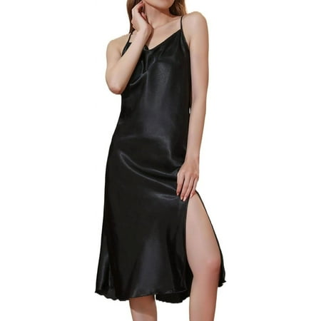 NANAHuang Women s Satin Nightgown Midi Chemise Square Neck Sleeveless Side Slit Open Back Sleepwear Lingerie