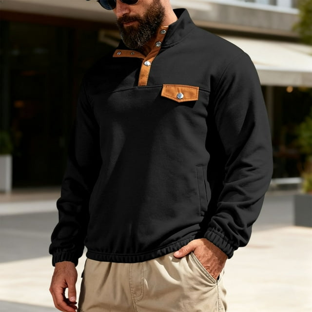 pstuiky camisa de manga larga para hombre, Blusa/camisa informal y moderna de color liso con cuello alto, manga larga y bolsillos para hombre Tops de talla grande para hombre xxl