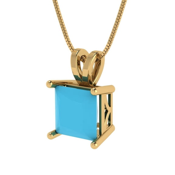2 ct Brilliant Princess Cut Solitaire Turquoise 14k Yellow Solid Gold Everyday Affordable Designer Necklace Pendant with 16" Chain