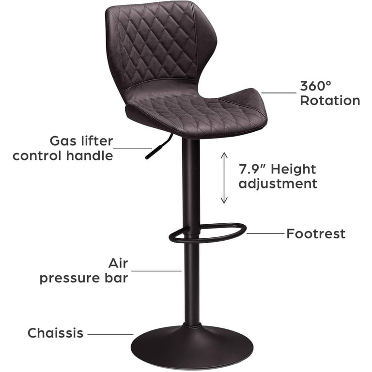 DICTAC Set of 2 Leather Bar Stools Adjustable Height Capacity 400