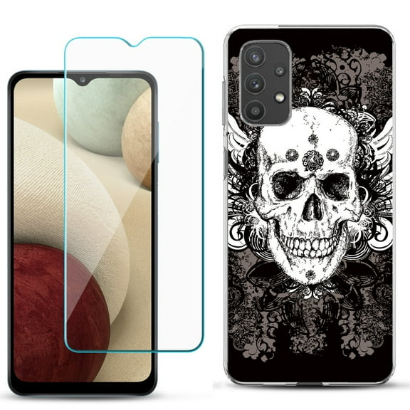 Slim-Fit TPU Phone Case compatible with Samsung Galaxy A32 5G, with Tempered Glass Screen Protector, by OneToughShield ® - Grunge Skull