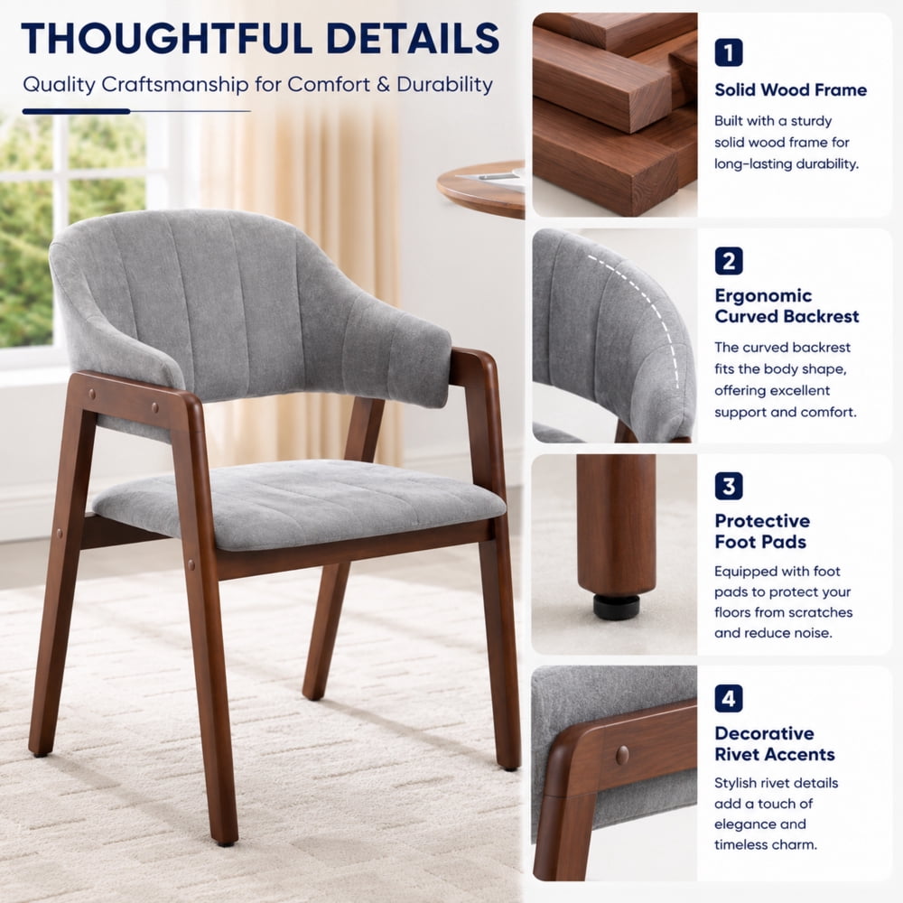 MOONMISS Mid-Century Modern Upholstered Dining Chair with Curved Back and Wooden Frame, Fabric Armchair for Dining Room Kitchen Living Room