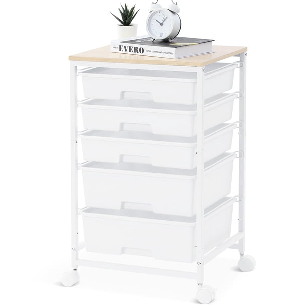 Carrito utilitario SYKIARIOL con 5 cajones, tablero de madera blanco