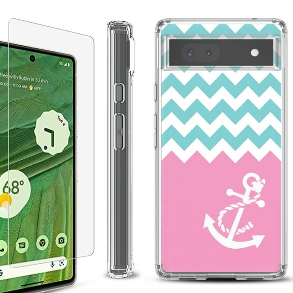Shockproof Bumper Phone Case for Google Pixel 6a, with Tempered Glass Screen Protector, by OneToughShield ® - Chevron/Anchor