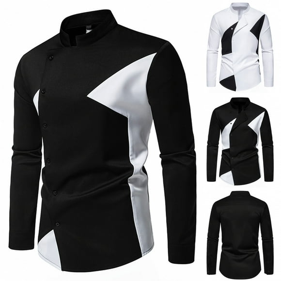 JURANMO Fashion Slim Fit Cotton Shirts for Men Color Block Long Sleeve Button Shirts Lapel Business Casual Shirts Lightning Deals White L