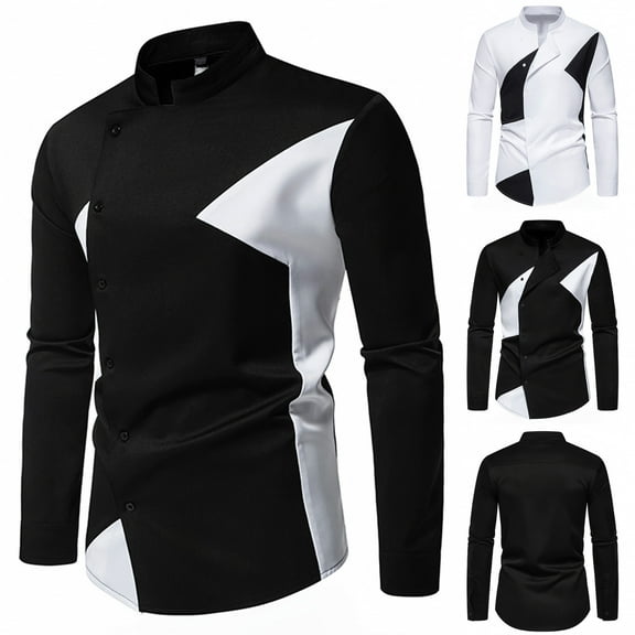 safuny Men's Slim Suit Tops Big&Tall Fashion Color Block Pullover Casual Cotton Turn Down Collar Sweatshirts Button Outwear Long Sleeve Shirts Black L