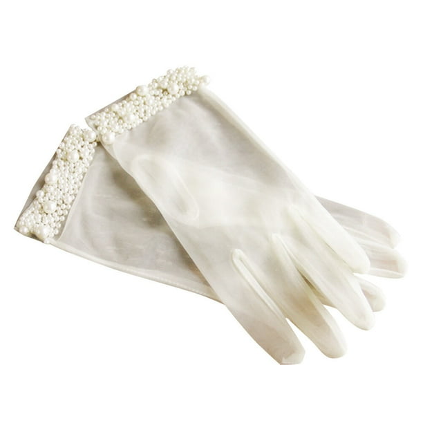 FELTECHELECTR 1 par de elegantes guantes de novia de gasa transparente con perlas y encaje para bodas, fiestas de noche, banquetes, bailes, ópera (beige).