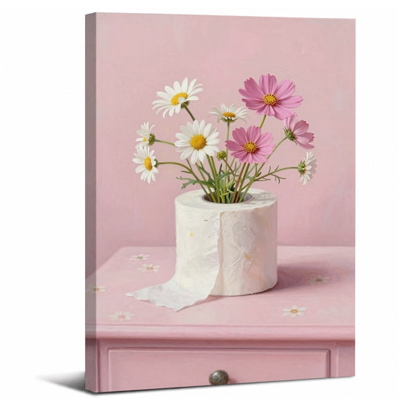 Framed Pink Floral Bath Canvas Wall Art Decor,Daisy and Pink Flowers in Toilet Paper Roll abstract canvas print for bathroom bedroom living room