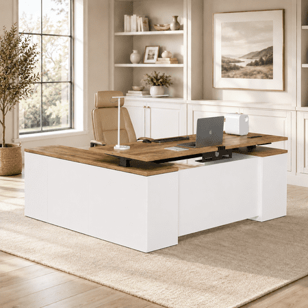 71 L Shaped Electric Standing Desk with Drawers Farmhouse Sit Stand Desk with Power Outlets Height Adjustable Modern Executive Desk with Storage Cabinets White Home Office Desk with Privacy Panel