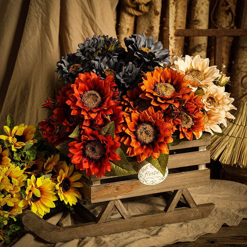 Asano Season 24PCS Fake Rustic Combination Flowers Artificial Fall Decor  Long Single Stem Flower Include Sunflowers Babys Breath Burgundy Roses and