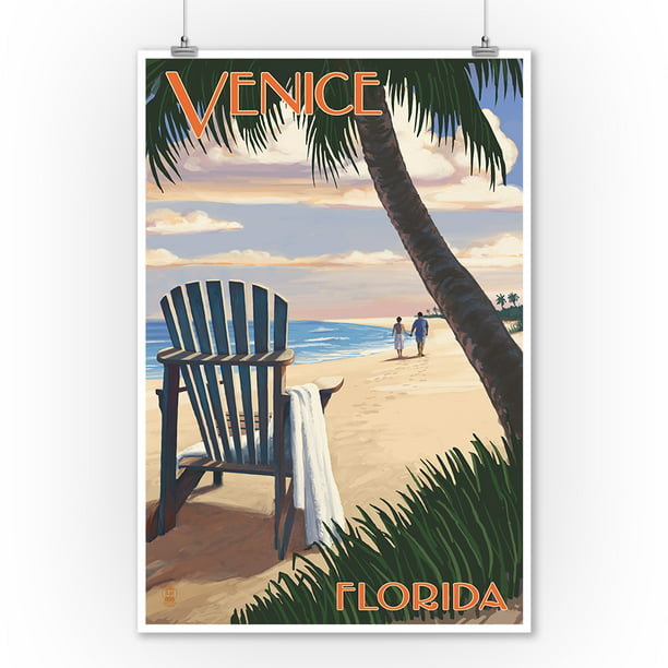 Venice Florida Adirondack Chair On The Beach Lantern Press Artwork 9x12 Art Print Wall Decor Travel Poster Com - Patio Furniture In Venice Florida
