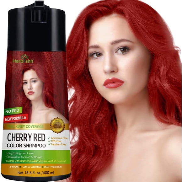 (3 pack) Herbishh Golden Cherry Red PPD-Free Hair Color Shampoo for Gray Hair, Hair Dye Shampoo 3 in 1, 100% Gray Coverage, Permanent Hair Color for Men & Women, Ammonia-free, 400 ml