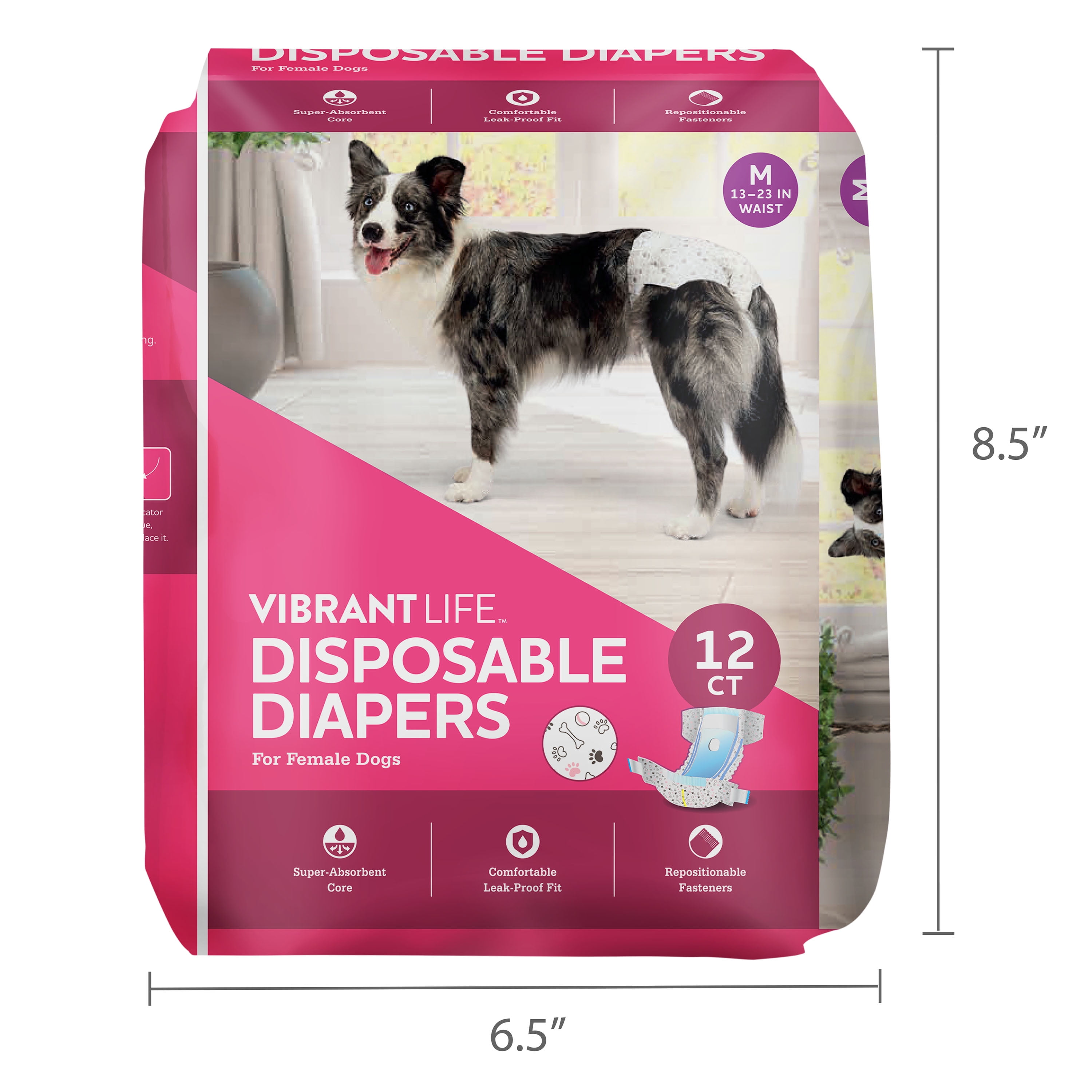 (4 pack) Vibrant Life Disposable Dog Diapers for Female Dogs, M, 12 Count