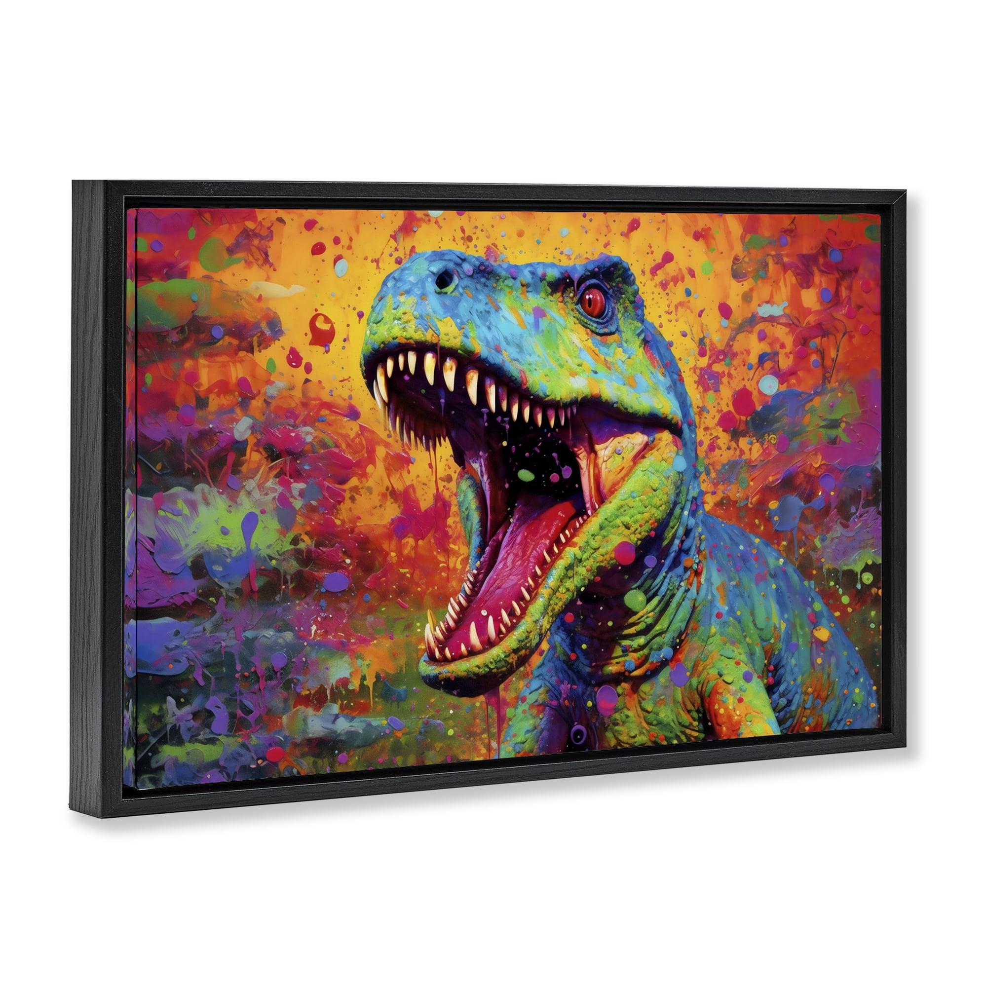 Stupell Industries Colorful T-Rex with Splatter Black Framed Floater Canvas Wall Art, design by Creative Studio