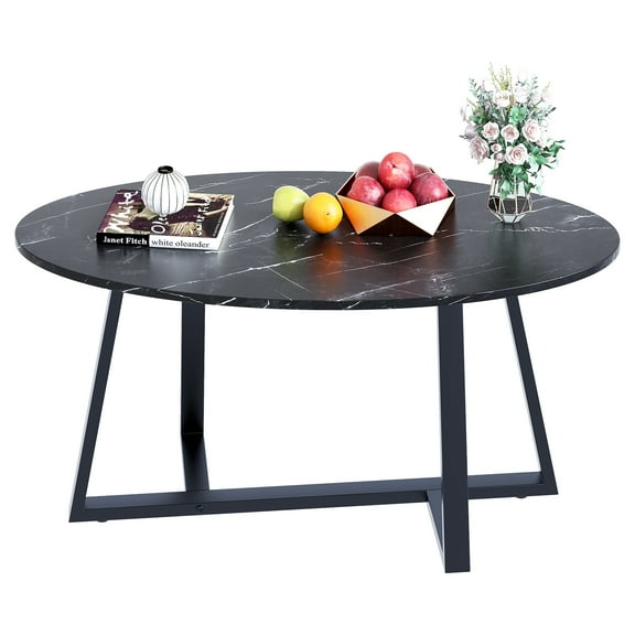 Black Marble Design Oval Wooden Coffee Table